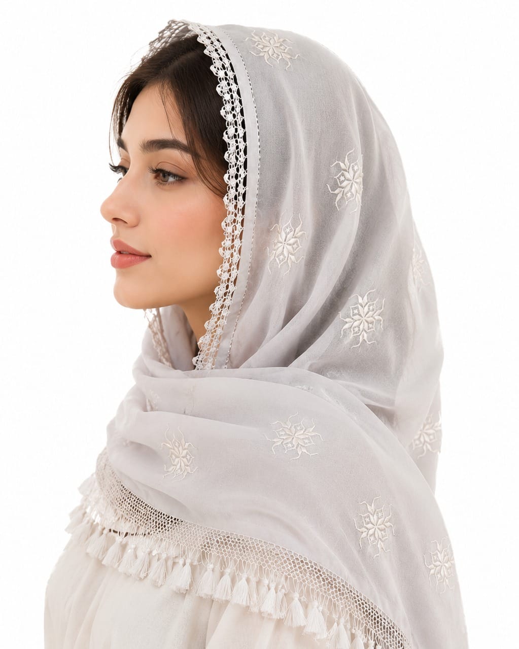 White Herati  Scarf Ivory Blossom Shawl 3