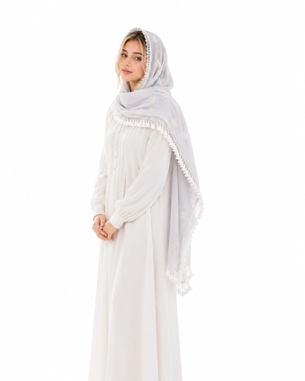White Herati  Scarf Ivory Blossom Shawl 4