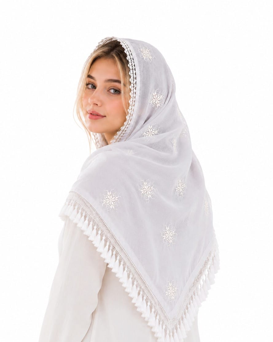 White Herati  Scarf Ivory Blossom Shawl 5