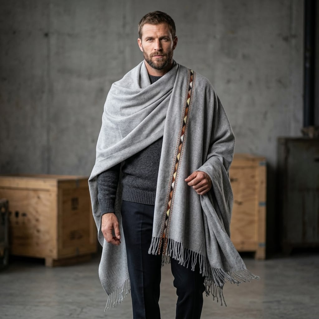 Men's Grey Wool Pato Shawl - Handmade Afghan Classic Patu 4
