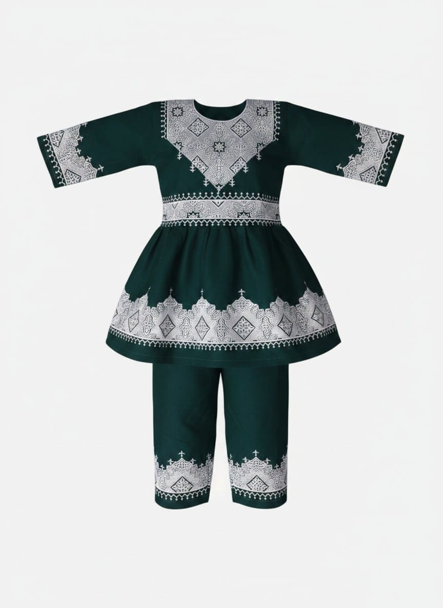 Traditional Afghan Children's Outfit – Green Embroidered Dress and Trousers 2