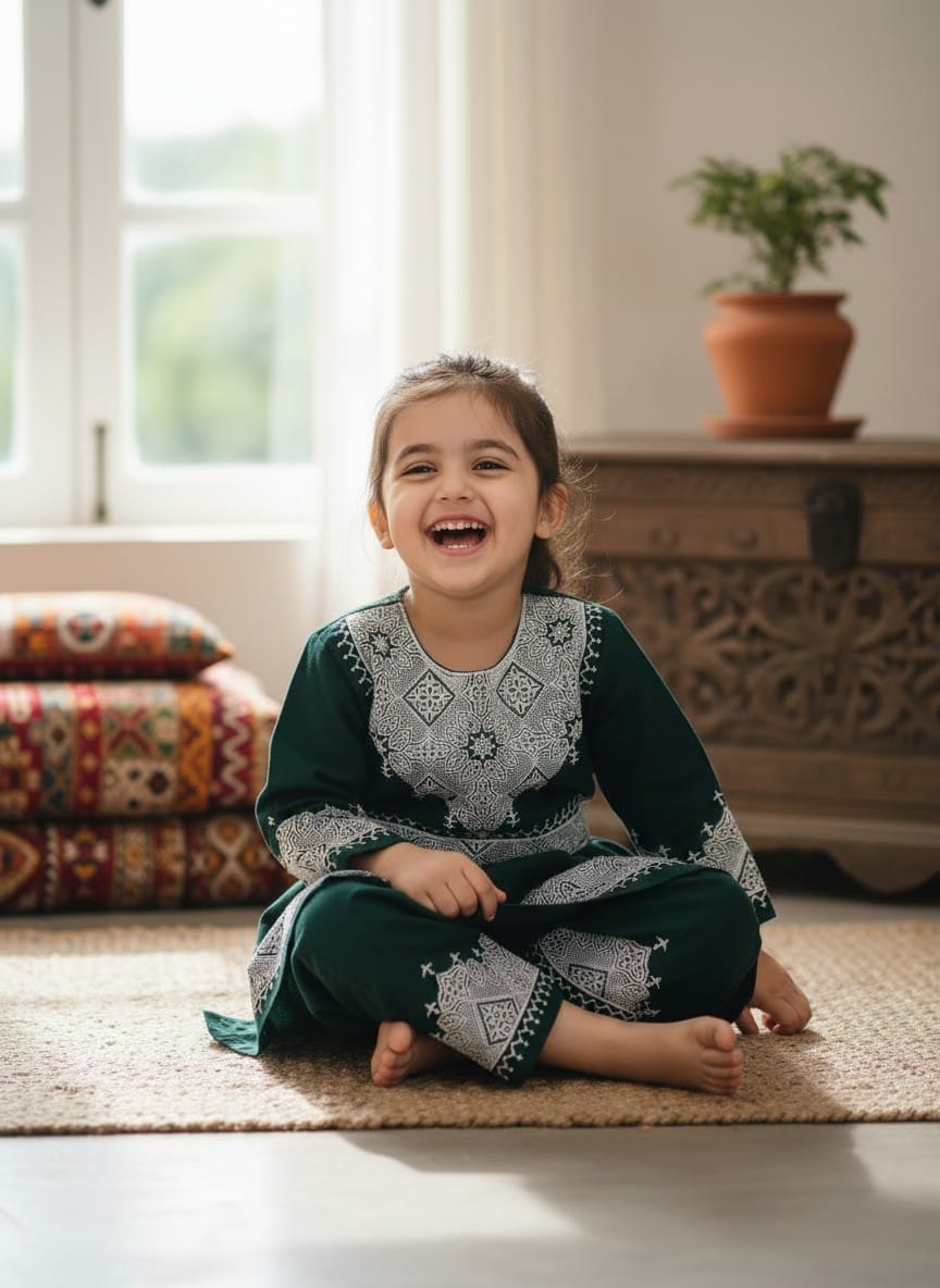 Traditional Afghan Children's Outfit – Green Embroidered Dress and Trousers 3