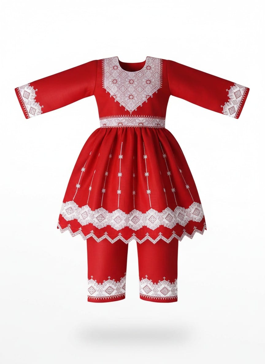 Traditional Afghan Children's Outfit – Red  Embroidered Dress and Trousers 2
