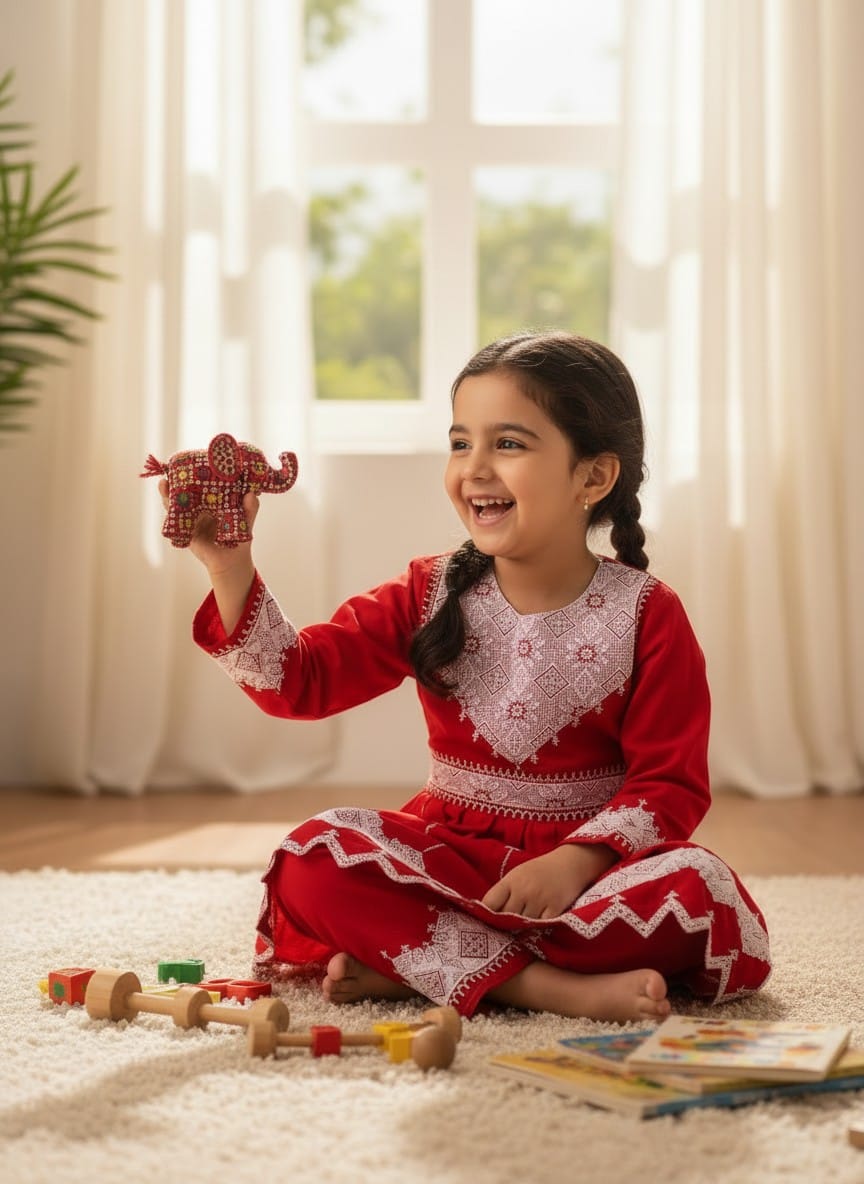 Traditional Afghan Children's Outfit – Red  Embroidered Dress and Trousers 6
