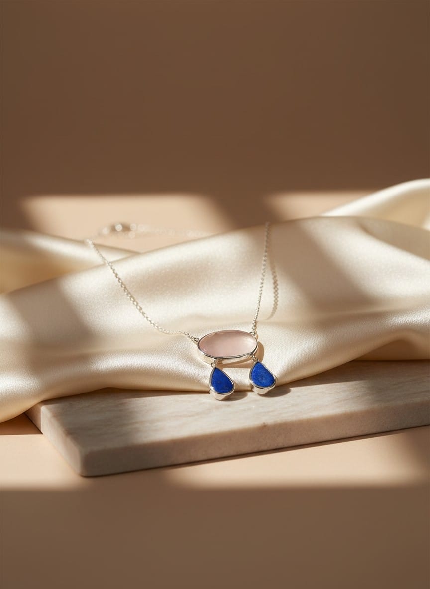 Afghan Handmade Rose Quartz & Lapis Lazuli Necklace 2