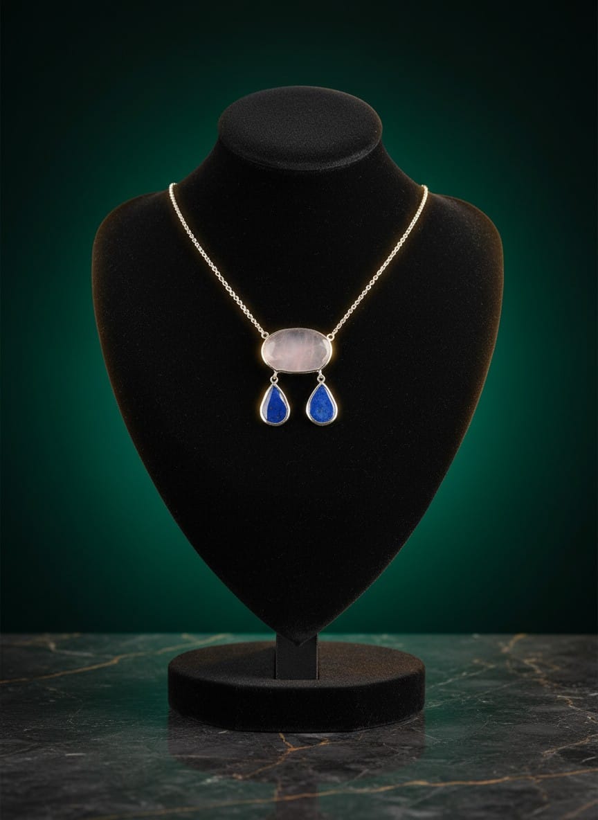 Afghan Handmade Rose Quartz & Lapis Lazuli Necklace 1