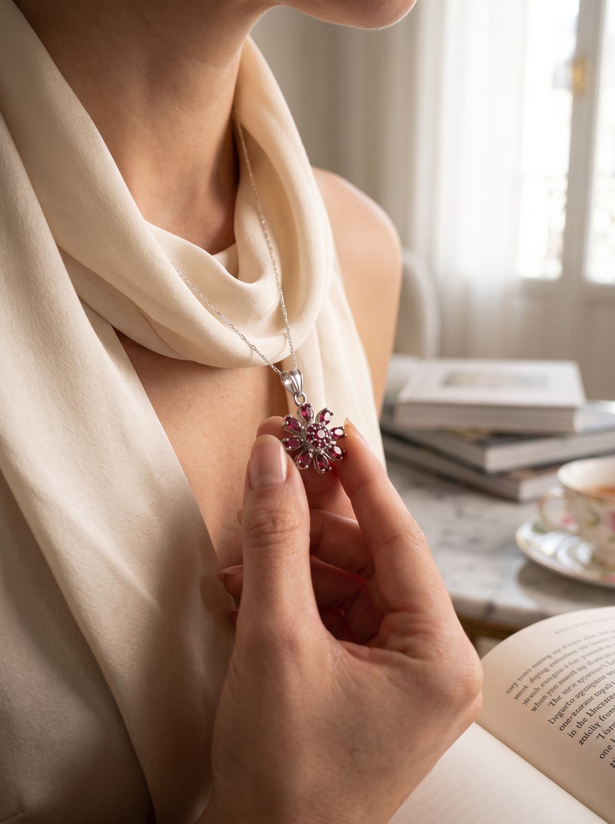 Crimson Red Ruby Flower Necklace 2