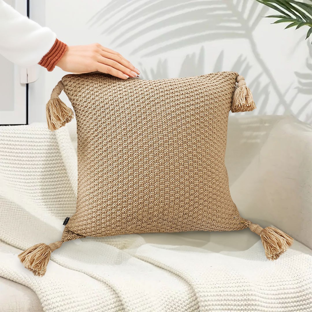SOGA 50CM Light Brown Pillow with Tassel Accents, Rizzy Transitional Cover Throw Pillow 2