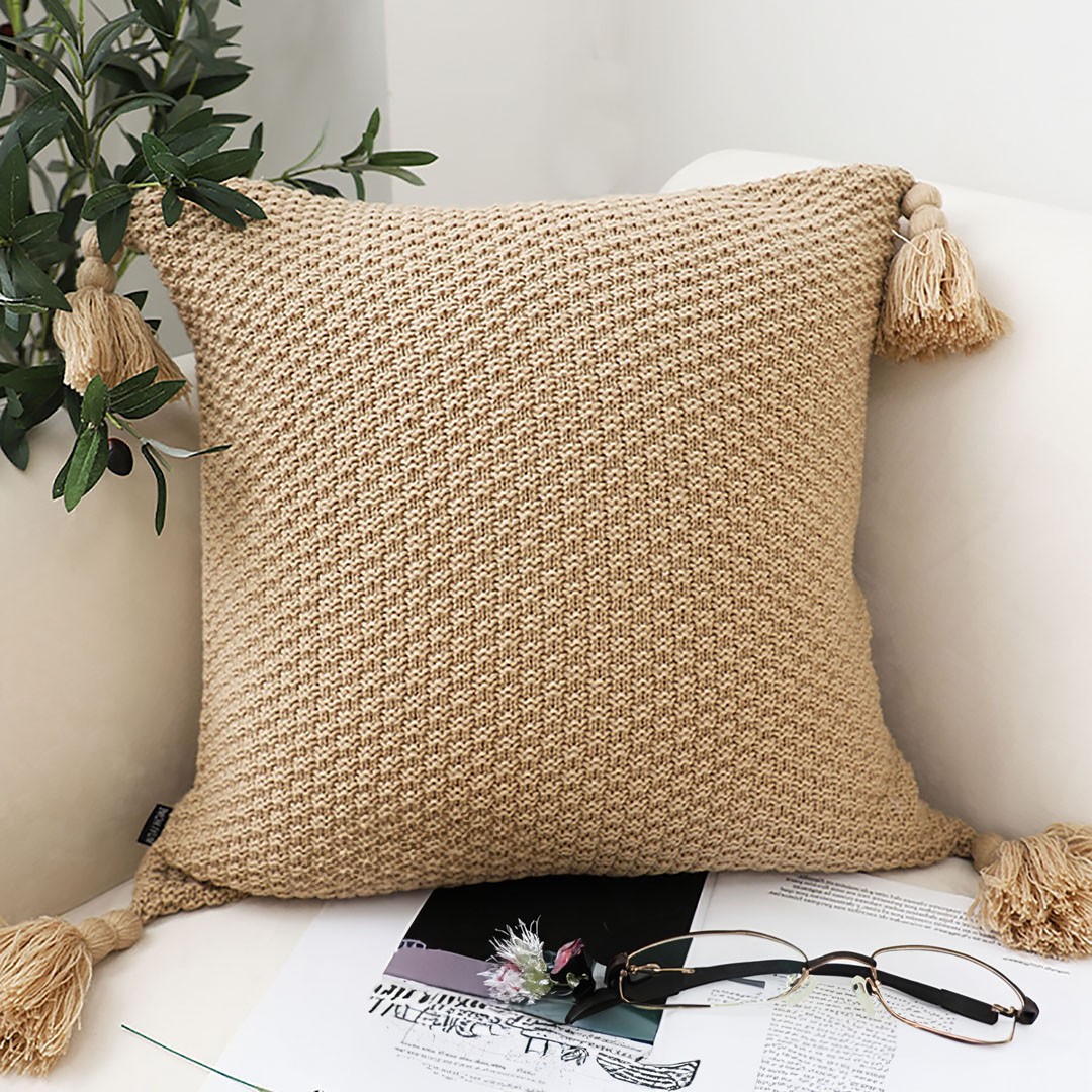 SOGA 2X 50CM Light Brown Pillow with Tassel Accents Throw Pillow 2