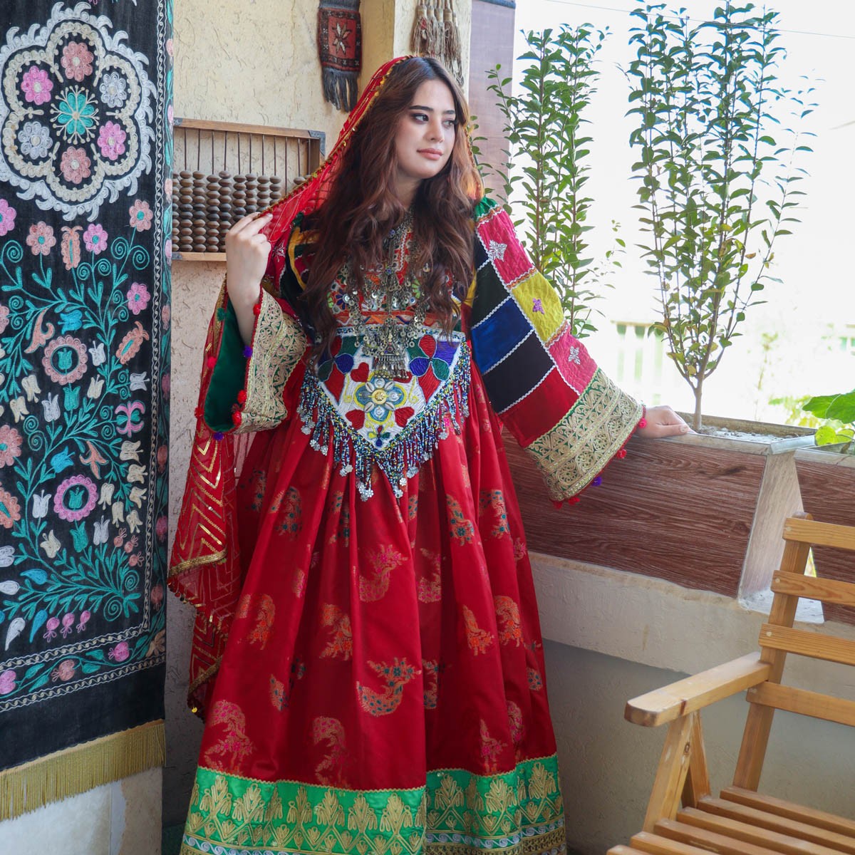 Afghan Embroidered Dress, red color 7