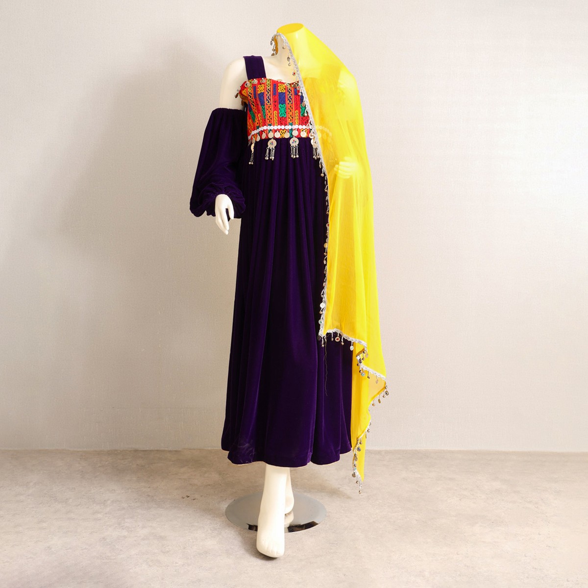 Purple Silk Velvet Dress with Yellow Scarf, Afghan Shop 1