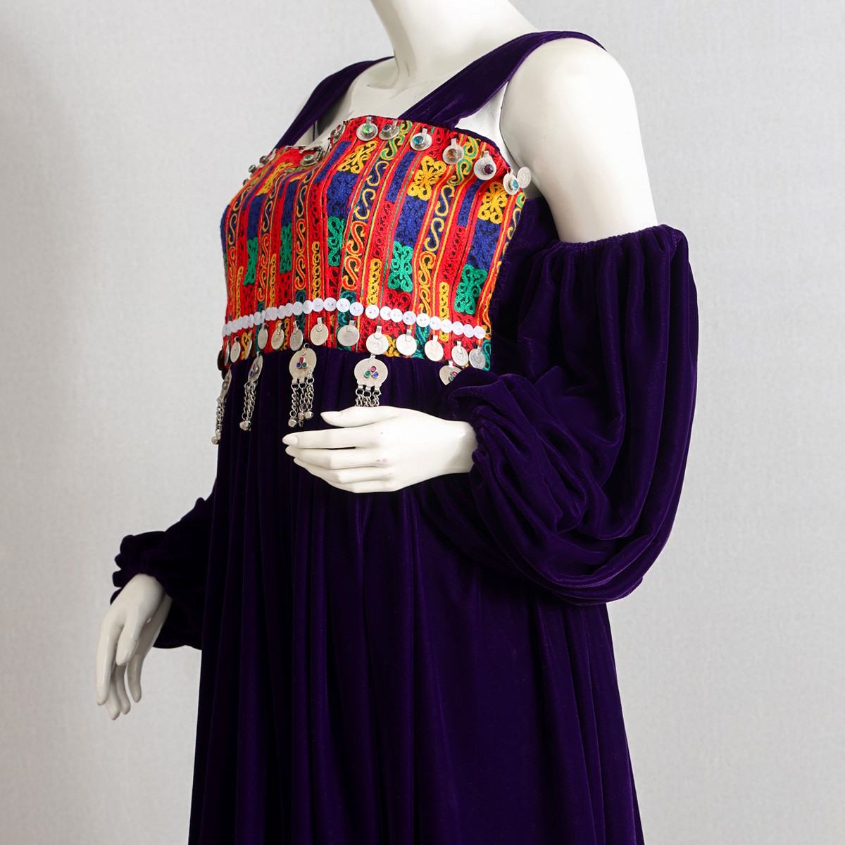 Purple Silk Velvet Dress with Yellow Scarf, Afghan Shop 8