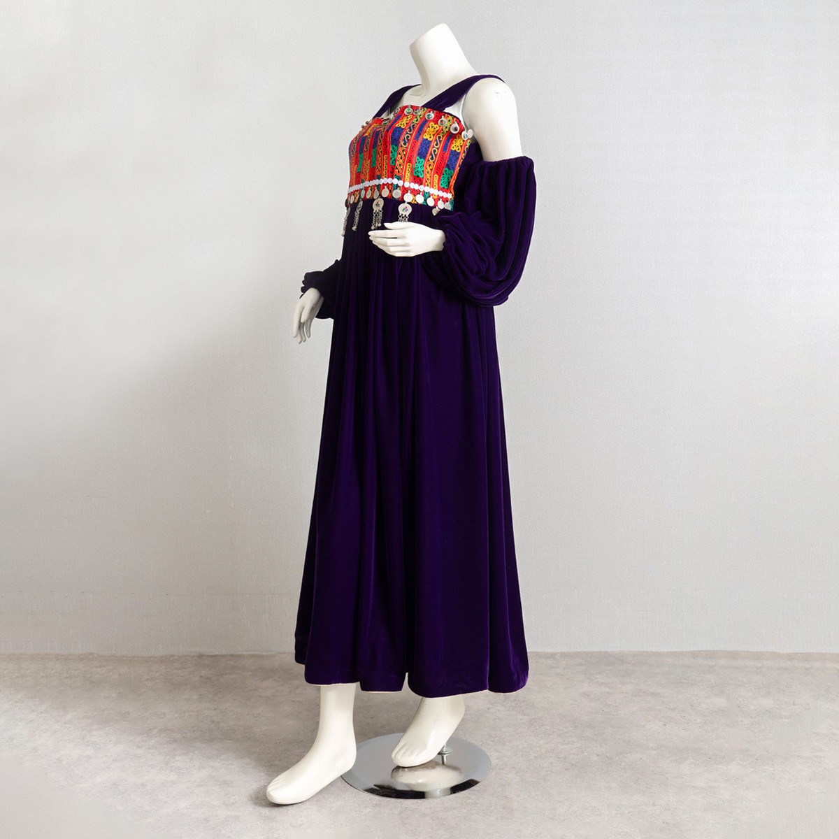 Purple Silk Velvet Dress with Yellow Scarf, Afghan Shop 7