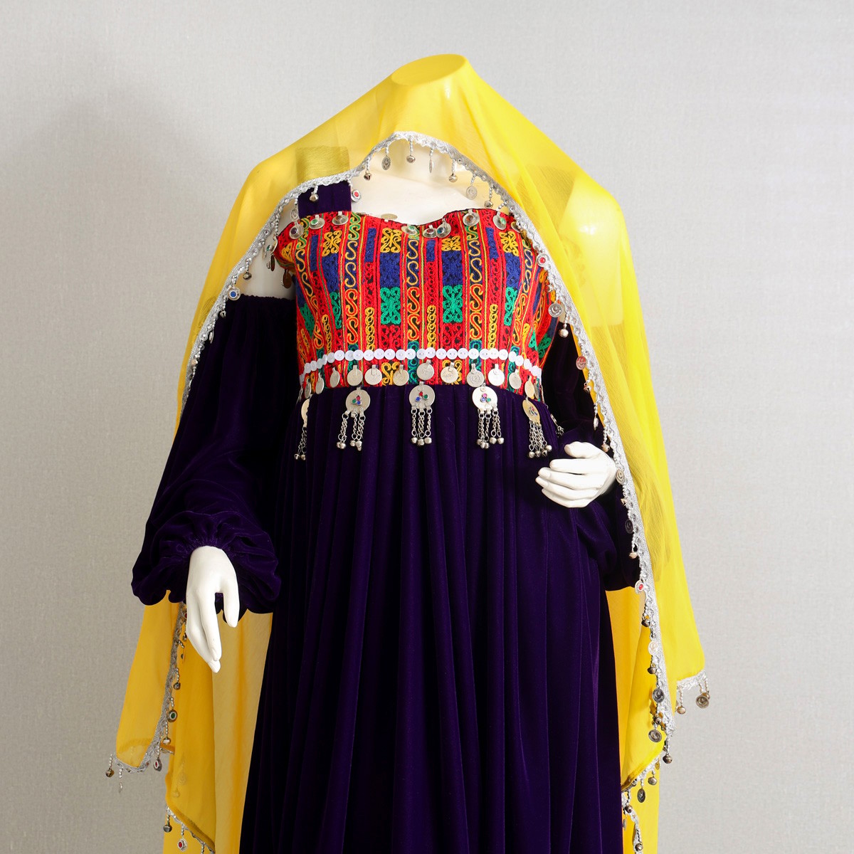 Purple Silk Velvet Dress with Yellow Scarf, Afghan Shop 6
