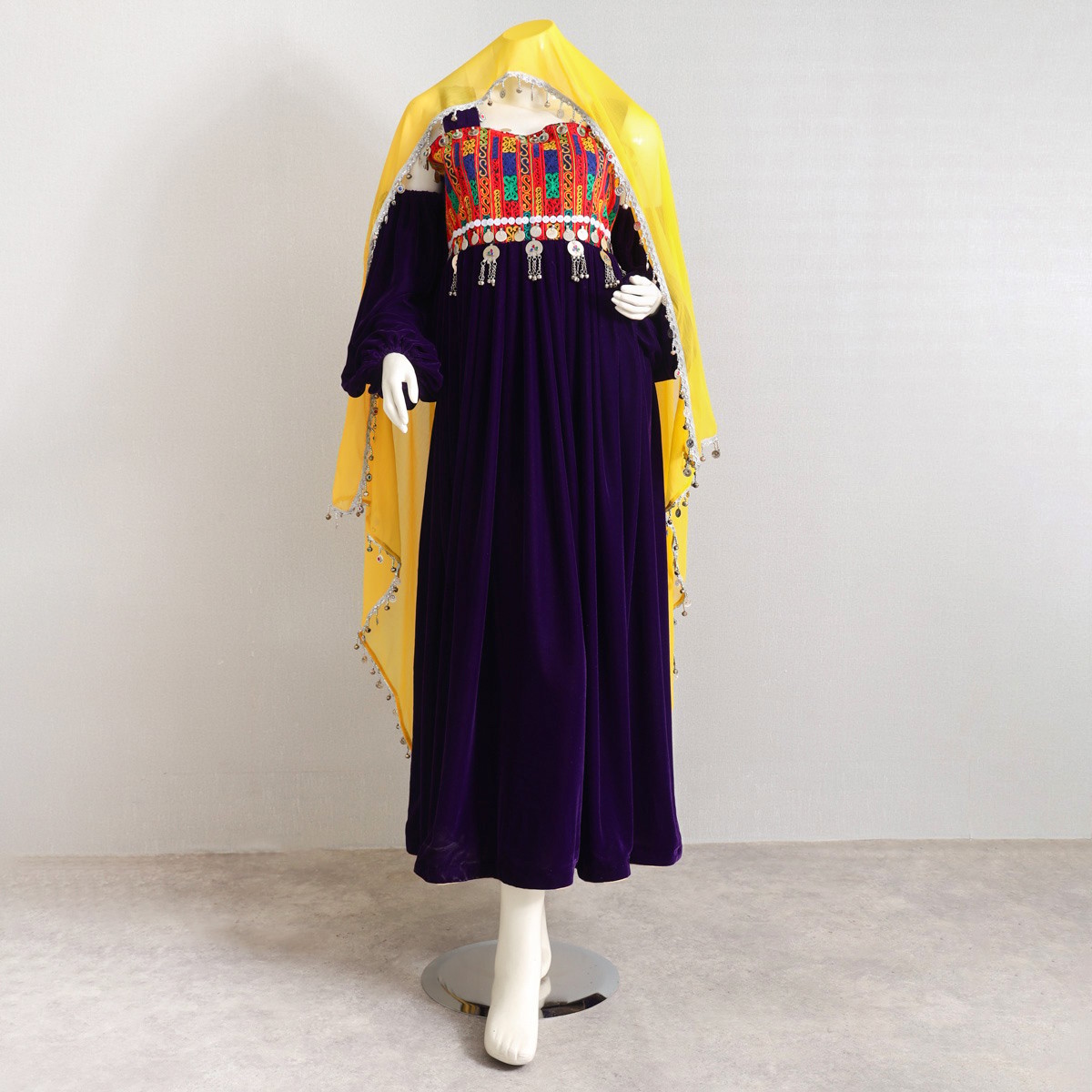 Purple Silk Velvet Dress with Yellow Scarf, Afghan Shop 5