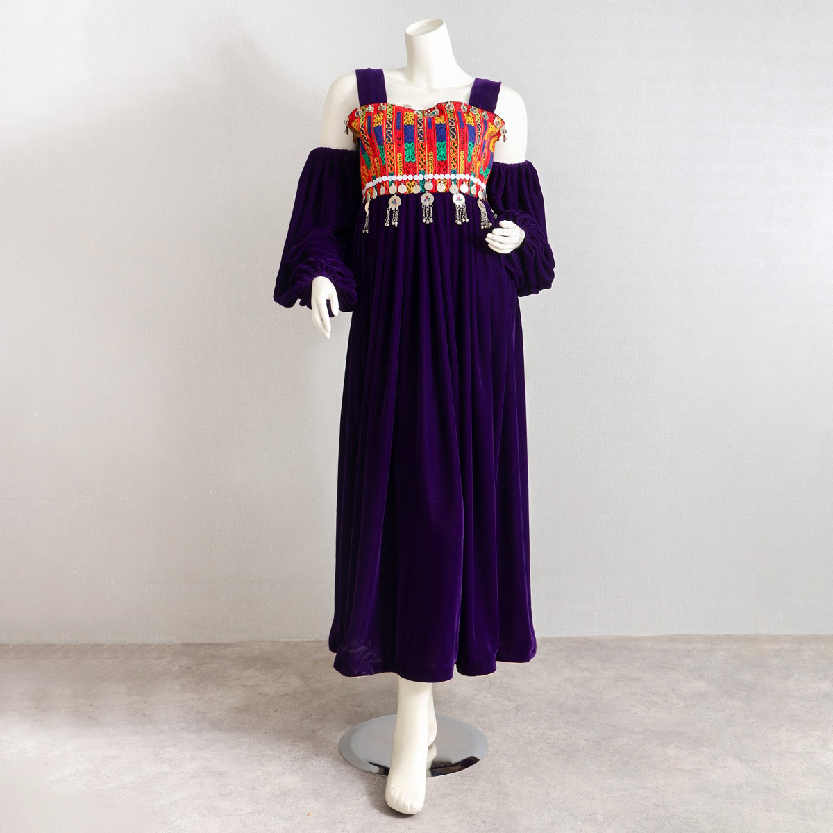 Purple Silk Velvet Dress with Yellow Scarf, Afghan Shop 4