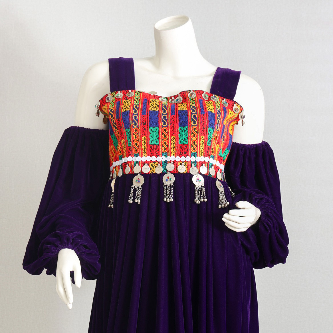 Purple Silk Velvet Dress with Yellow Scarf, Afghan Shop 3