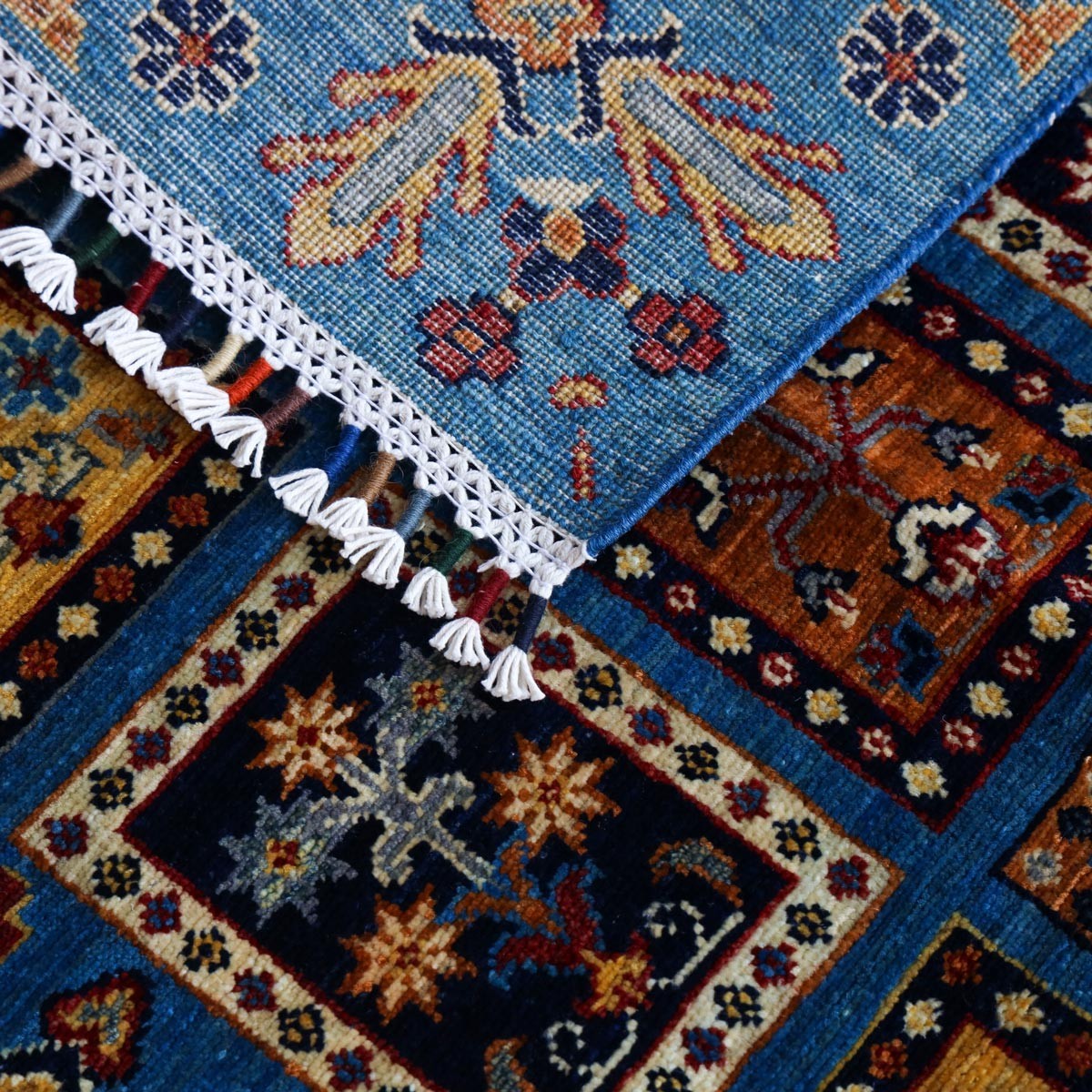 Afghan Handmade Blue Wool Carpet with Mirror Pattern – Authentic 40x40 Knot Quality 4