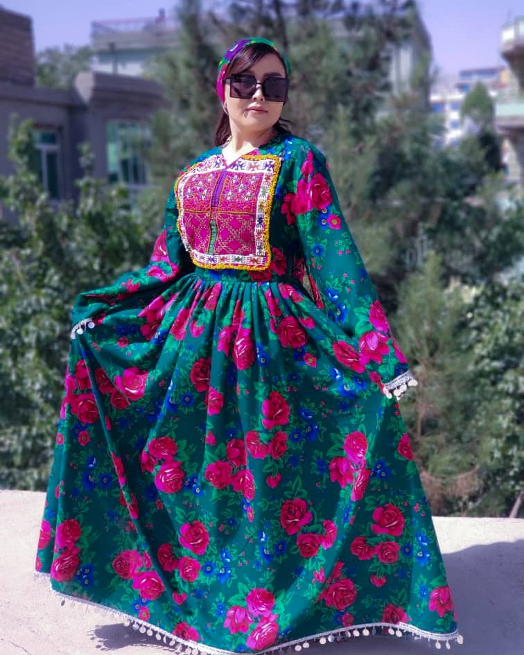 Green Gulnegar Long Hazaragi Dress | Balloon Sleeves Pleated Frock  1
