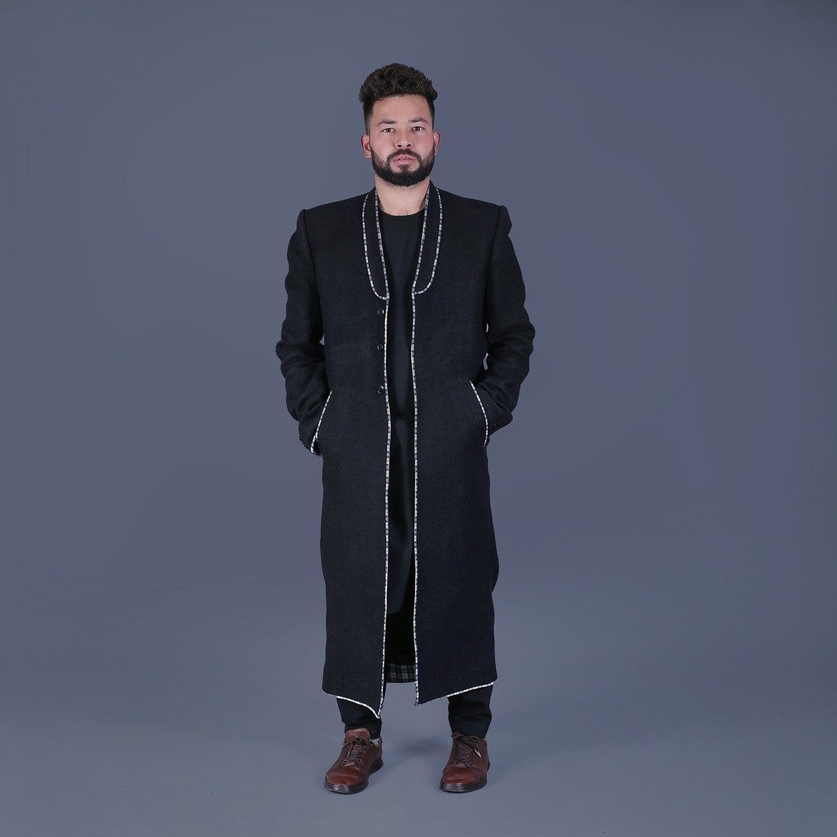 Black Nuristani Men's Long Coat | Woolen Winter Wear Coat 1