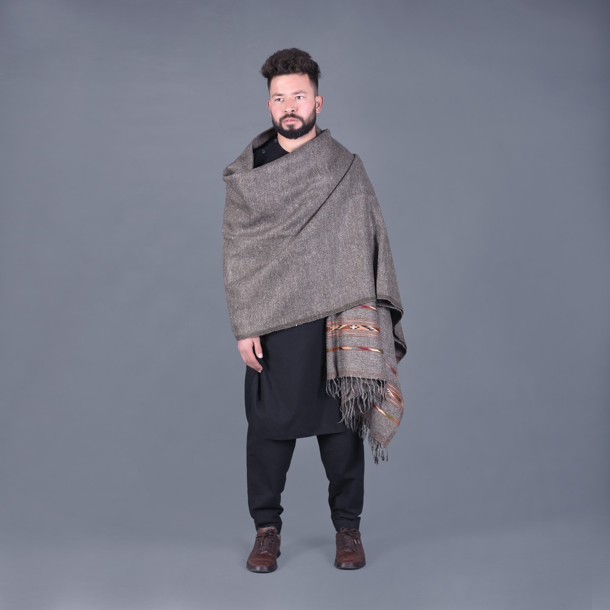 Dark Gray Nuristani Wool Patu | Casual Wear Shawl with Striped Borders 2