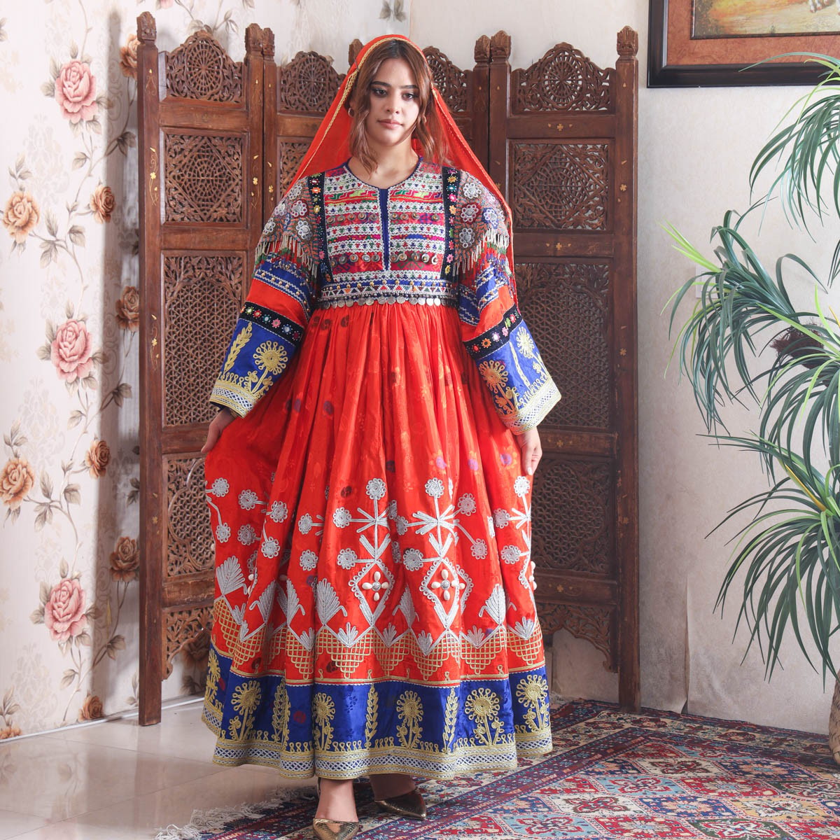 Wedding Afghani dress, Orange blue Afghan Dress, 1
