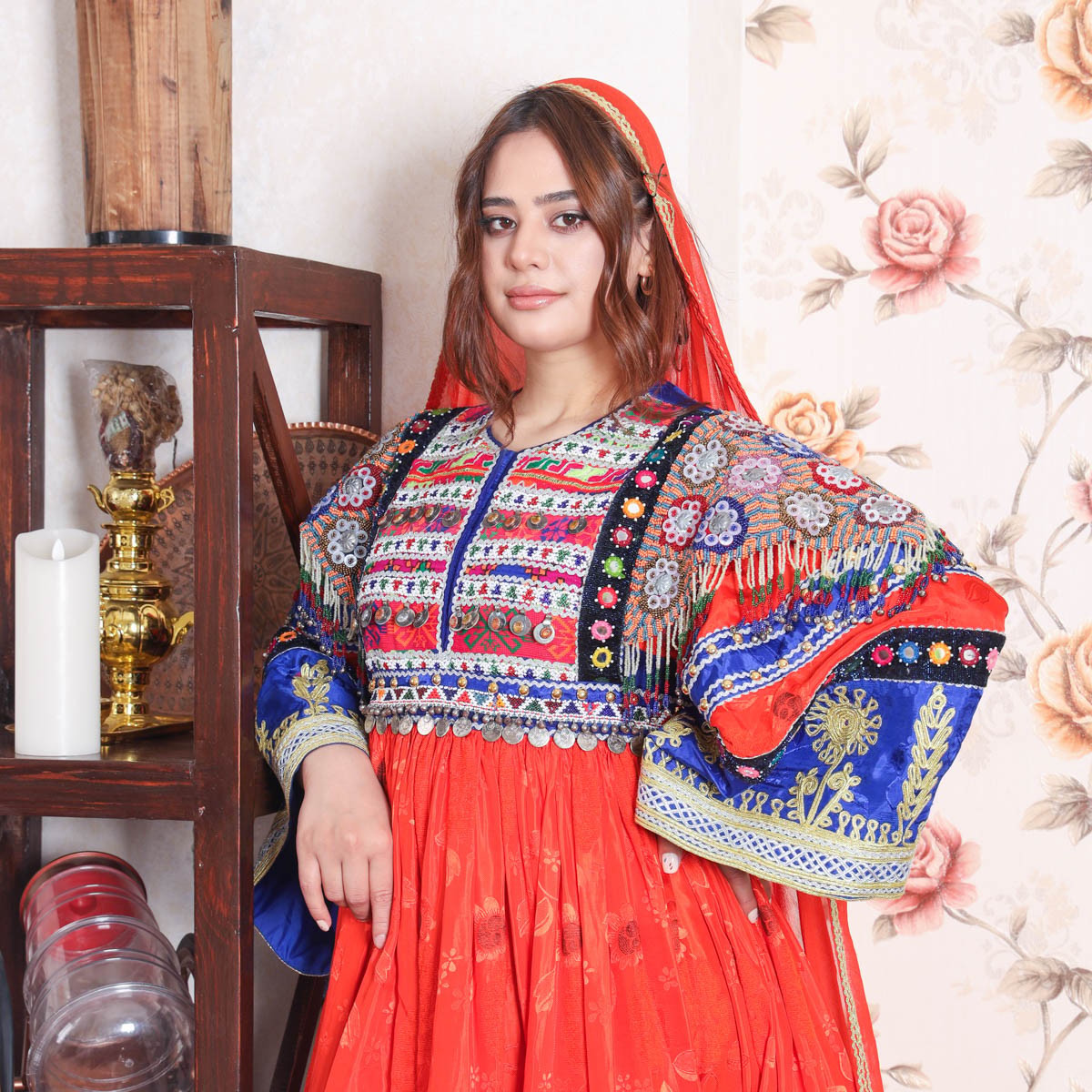 Wedding Afghani dress, Orange blue Afghan Dress, 2