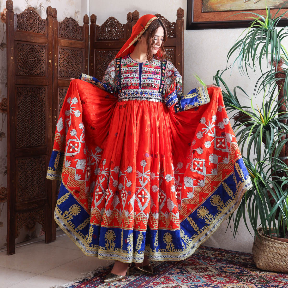 Wedding Afghani dress, Orange blue Afghan Dress, 3