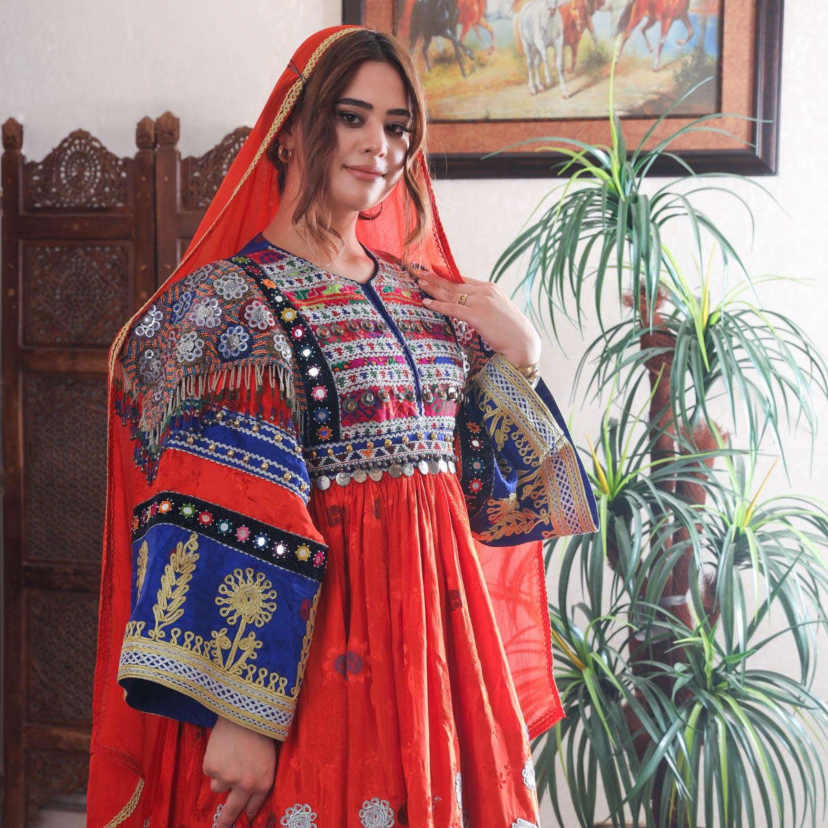 Wedding Afghani dress, Orange blue Afghan Dress, 4
