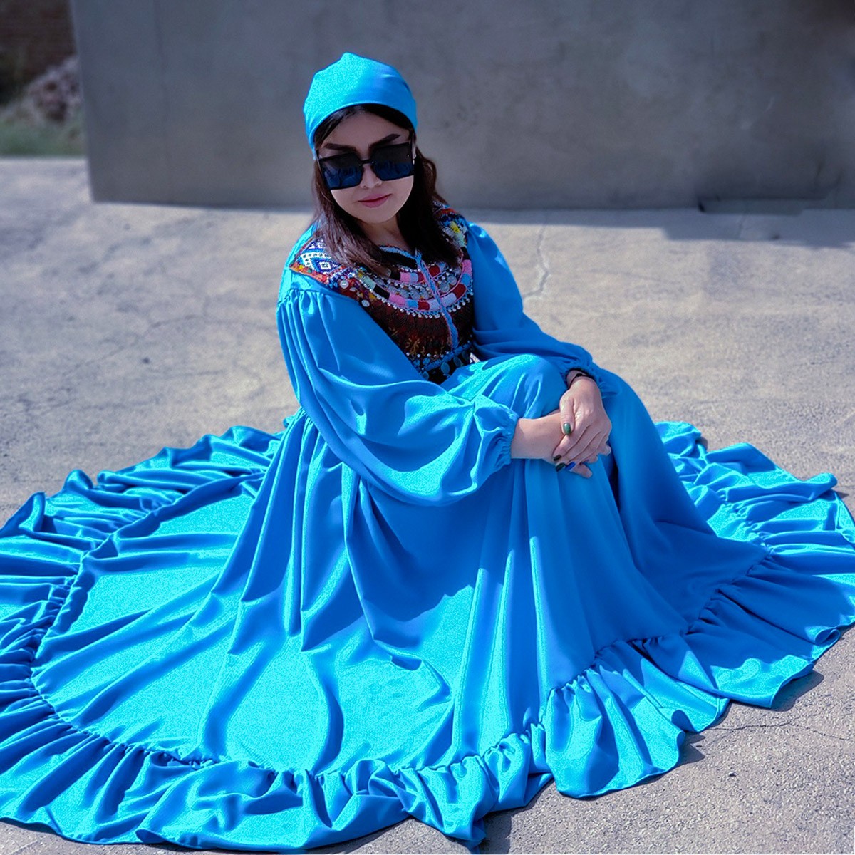 Blue Drop Waist Long Hazaragi Dress | Cotton Embroidered Pleated Long Frock  2
