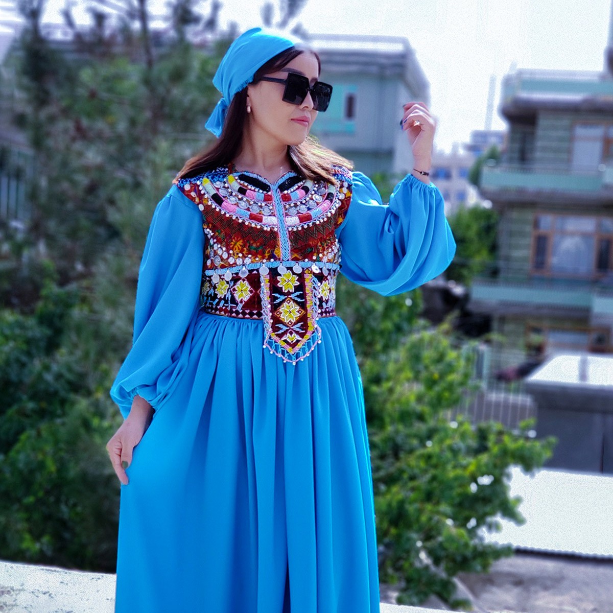 Blue Drop Waist Long Hazaragi Dress | Cotton Embroidered Pleated Long Frock  3