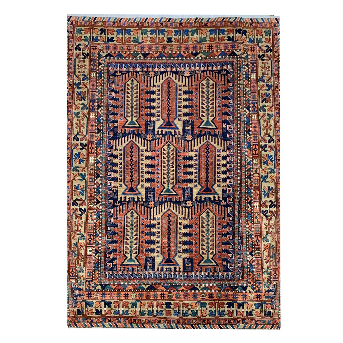 Light Orange Qalamdani Hand-woven Afghani Carpet | Turkmen Weave Area Carpet 9.50 X 7 (ft) 1