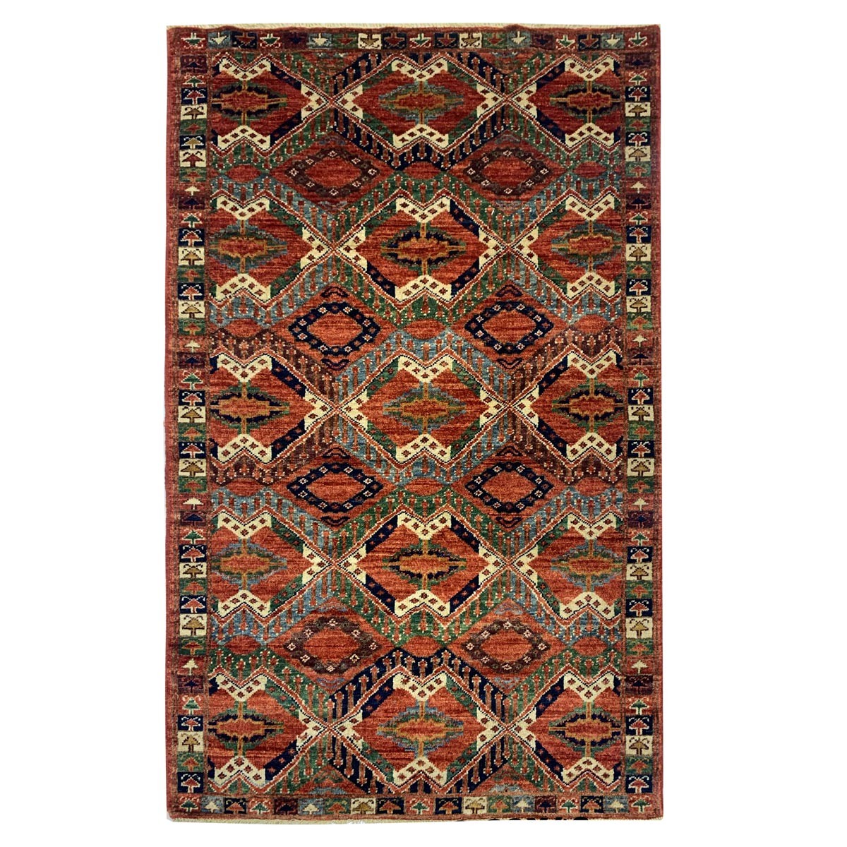 Red Hand-woven Brick Design Afghan Carpet | Turkmen Weave Area Carpet 5 X 3 (ft) 1
