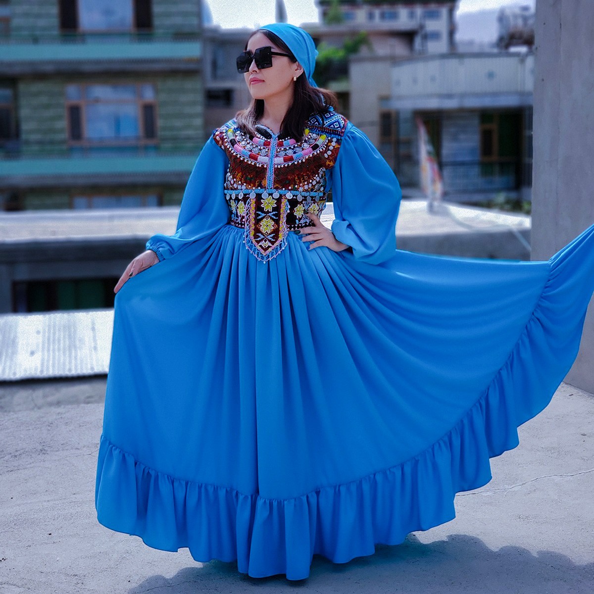 Blue Drop Waist Long Hazaragi Dress | Cotton Embroidered Pleated Long Frock  1