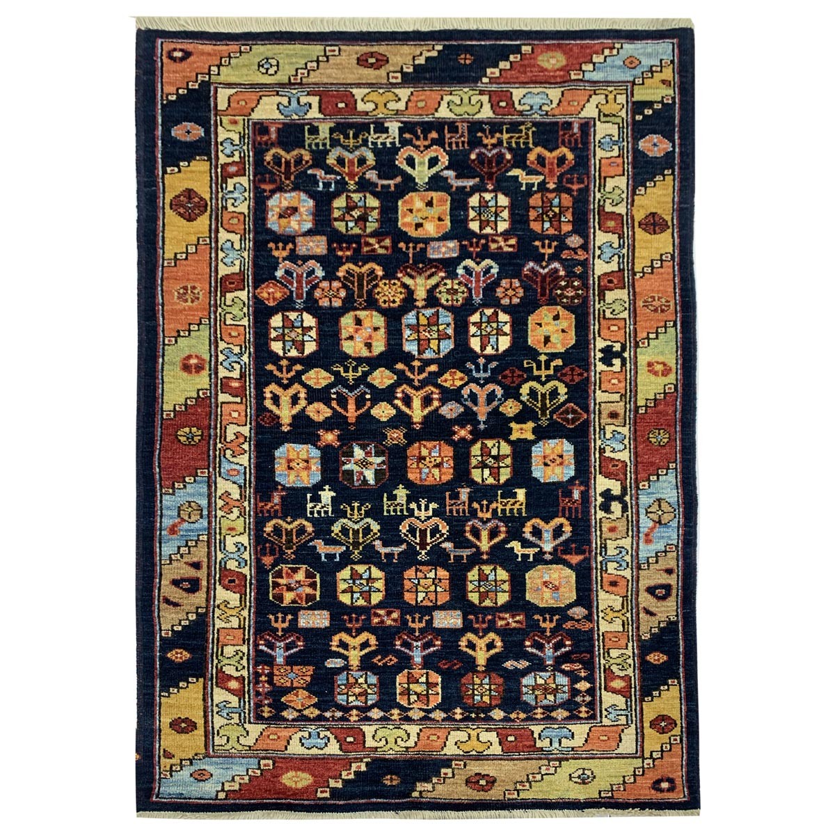 Dark Navy Blue Floral Design Hand-woven Afghan Carpet | Turkmen Weave Area Carpet 5.80 X 3.80 (ft) 1