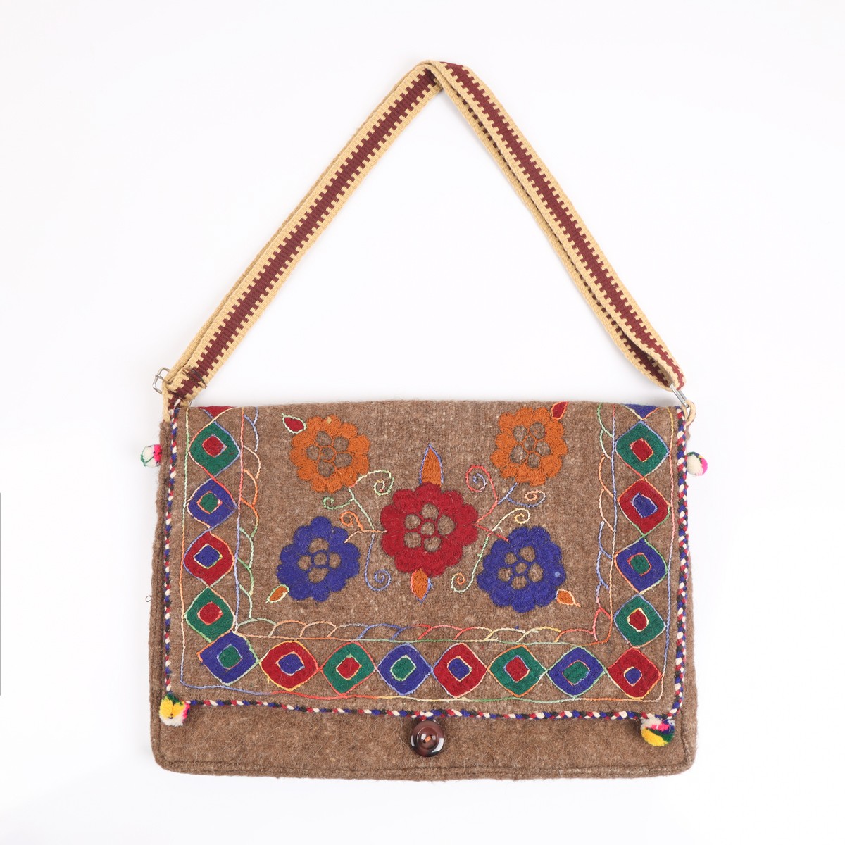 Brown Floral Embroidered Computer Shoulder Bag | Woolen Cross-Body Bag 1