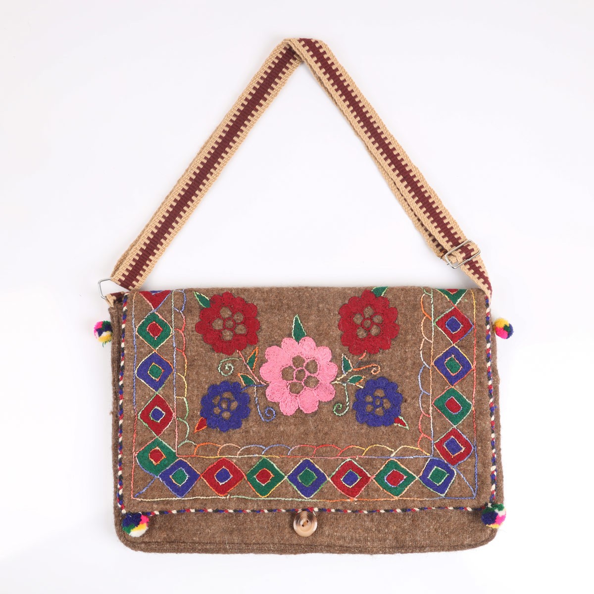 Brown Woolen Handmade Computer Bag | Cross-body Floral Embroidered Bag 1