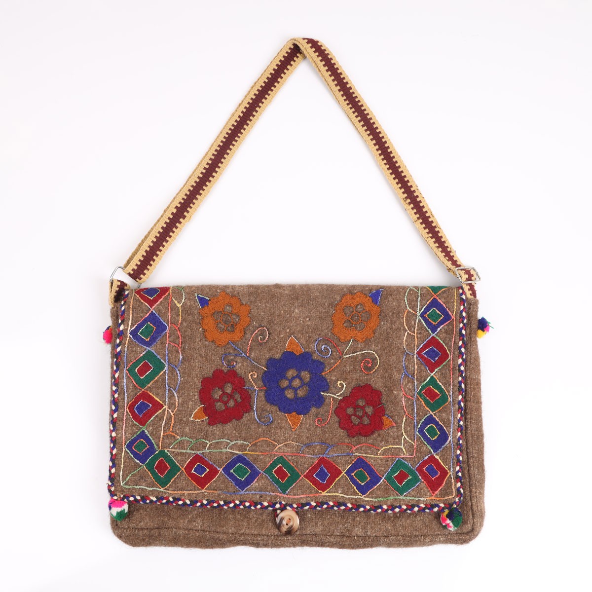 Brown Handmade Embroidered Computer Bag | Woolen Cross-body Computer Case 1