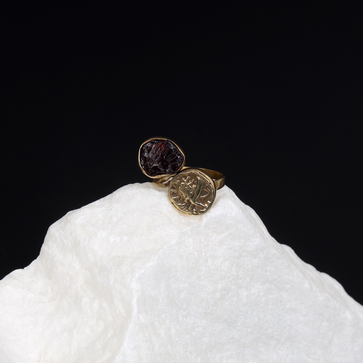 Garnet Stone Vintage Coin Ring | Bronze Two-Stone Ring 1