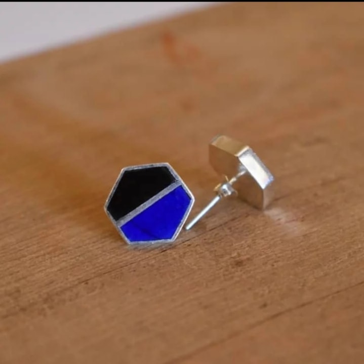 Agate & Lapis Lazuli Stones Studs | Silver Hexagonal Studs 1