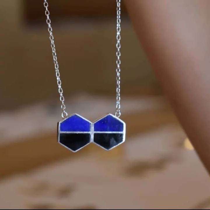 Agate & Lapis Stone Pendant | Silver Drop Chain Locket 1