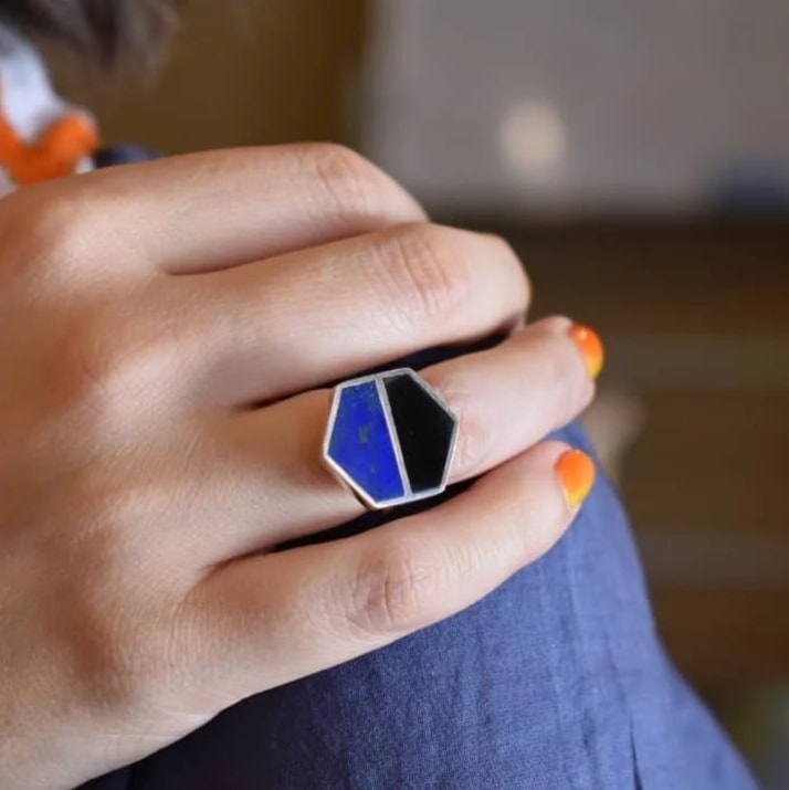 Agate & Lapis Stone Ring | Hexagonal Silver Ring  1