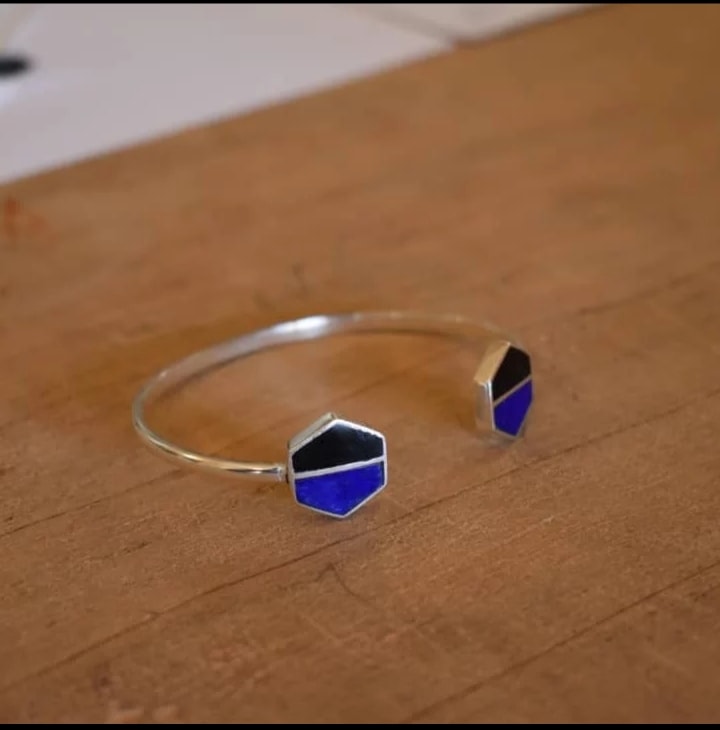 Agate & Lapiz Stone Cuff Bracelet | Silver Open-Bangle Bracelet  1