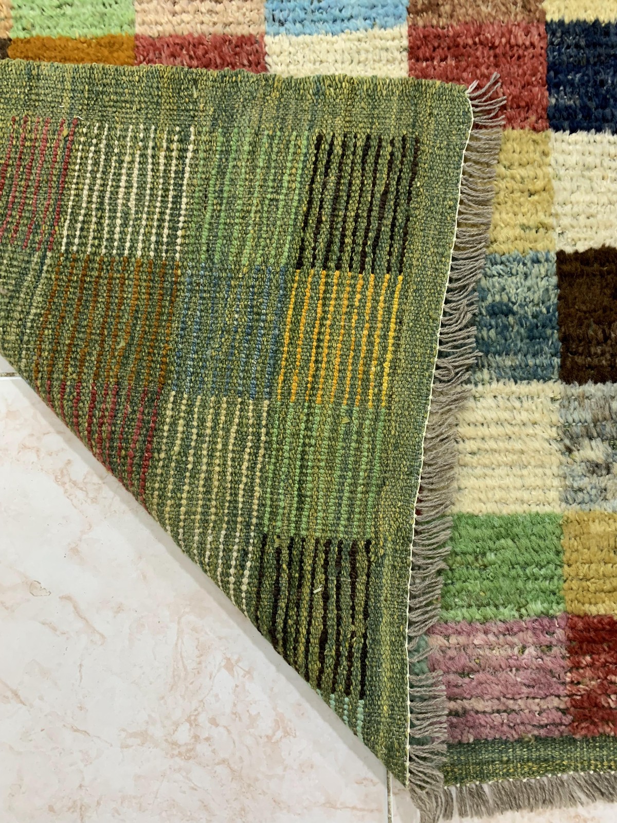 Green Gabba Square Pattern Afghan Handmade Carpet | Turkmen Weave Carpet 5.90 X 3.50 (ft) 3