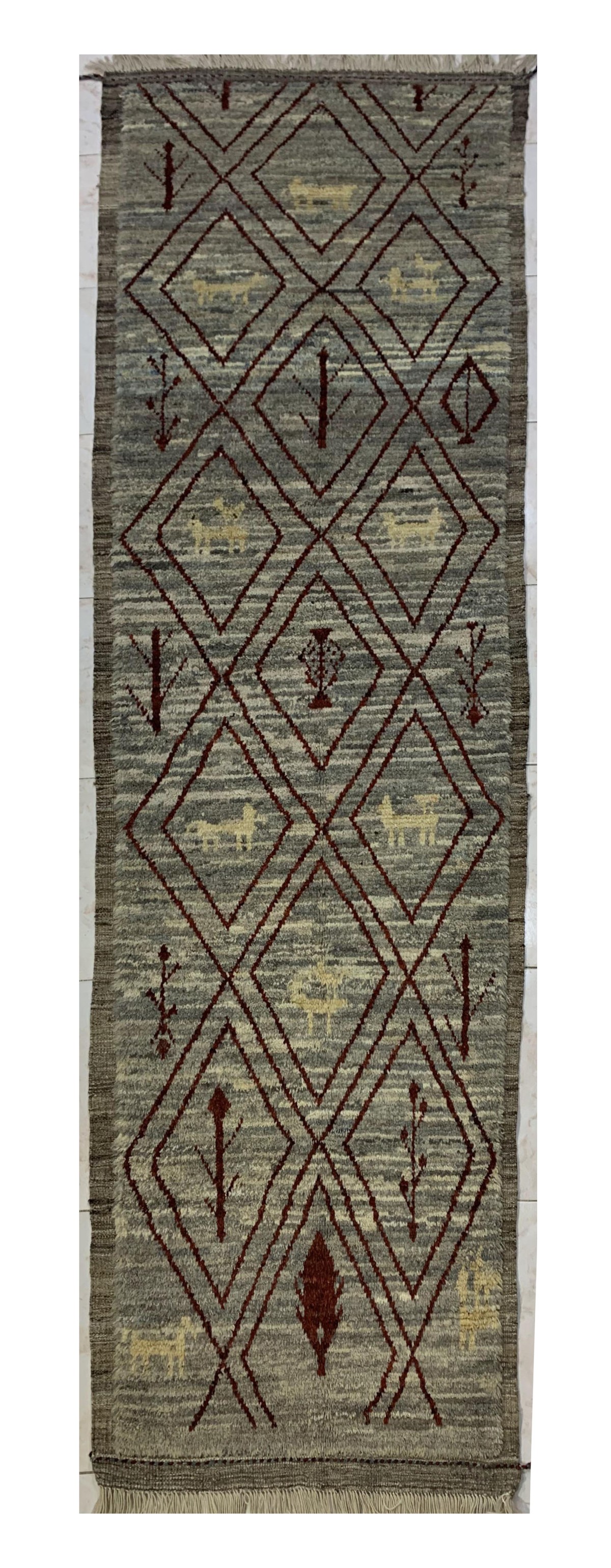 Moss Green Gabba Diamond Pattern Afghan Handmade Rug| Turkmen Weave Rug 10 X 2.90 (ft) 1