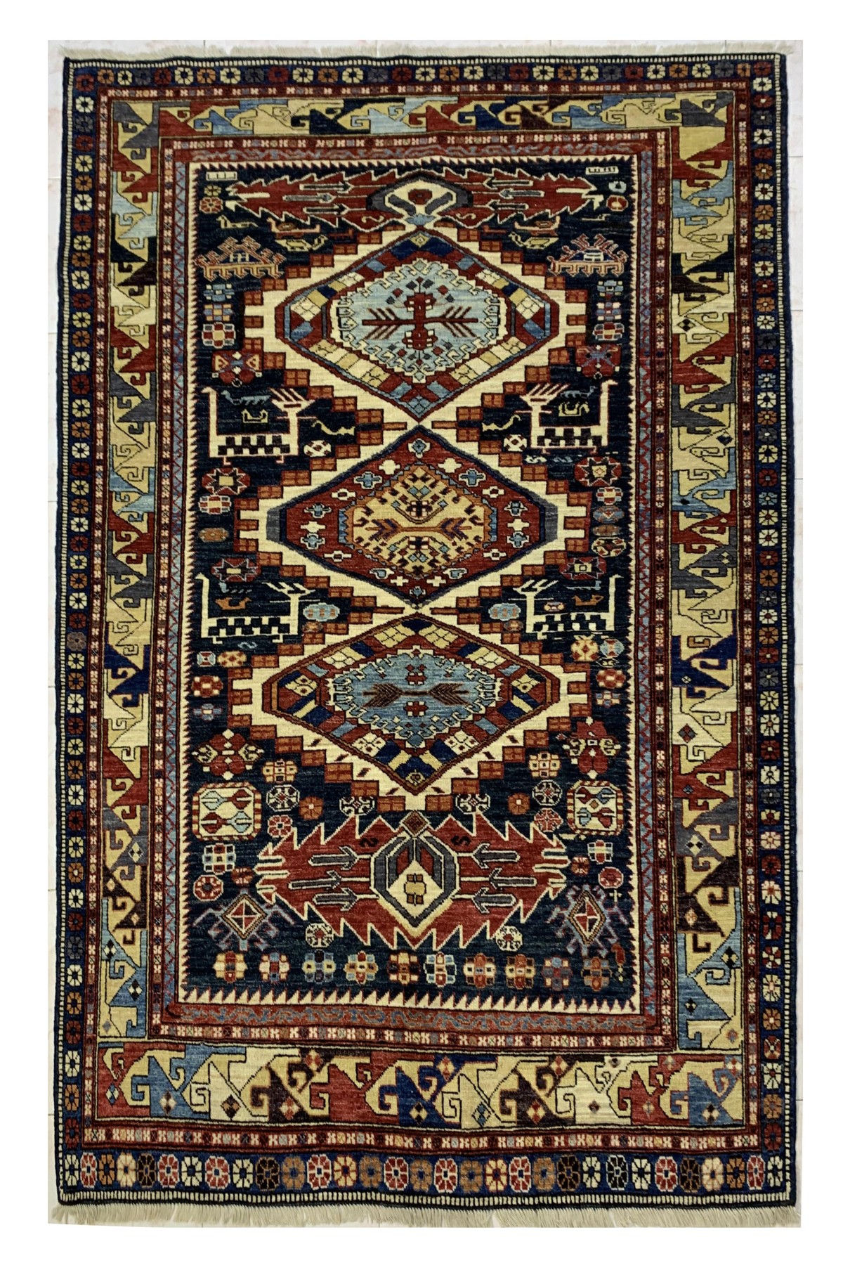Black Kazak Triplet Design Afghan Handmade Carpet | Turkmen Weave Carpet 8 X 5.50 (ft) 1