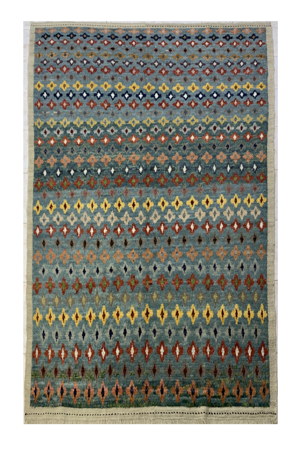 Blue Gabba Droplet Pattern Afghan Handmade Carpet | Turkmen Weave 10 X 6.90 (ft) 1
