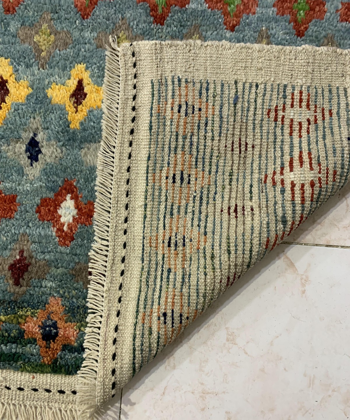 Blue Gabba Droplet Pattern Afghan Handmade Carpet | Turkmen Weave 10 X 6.90 (ft) 3