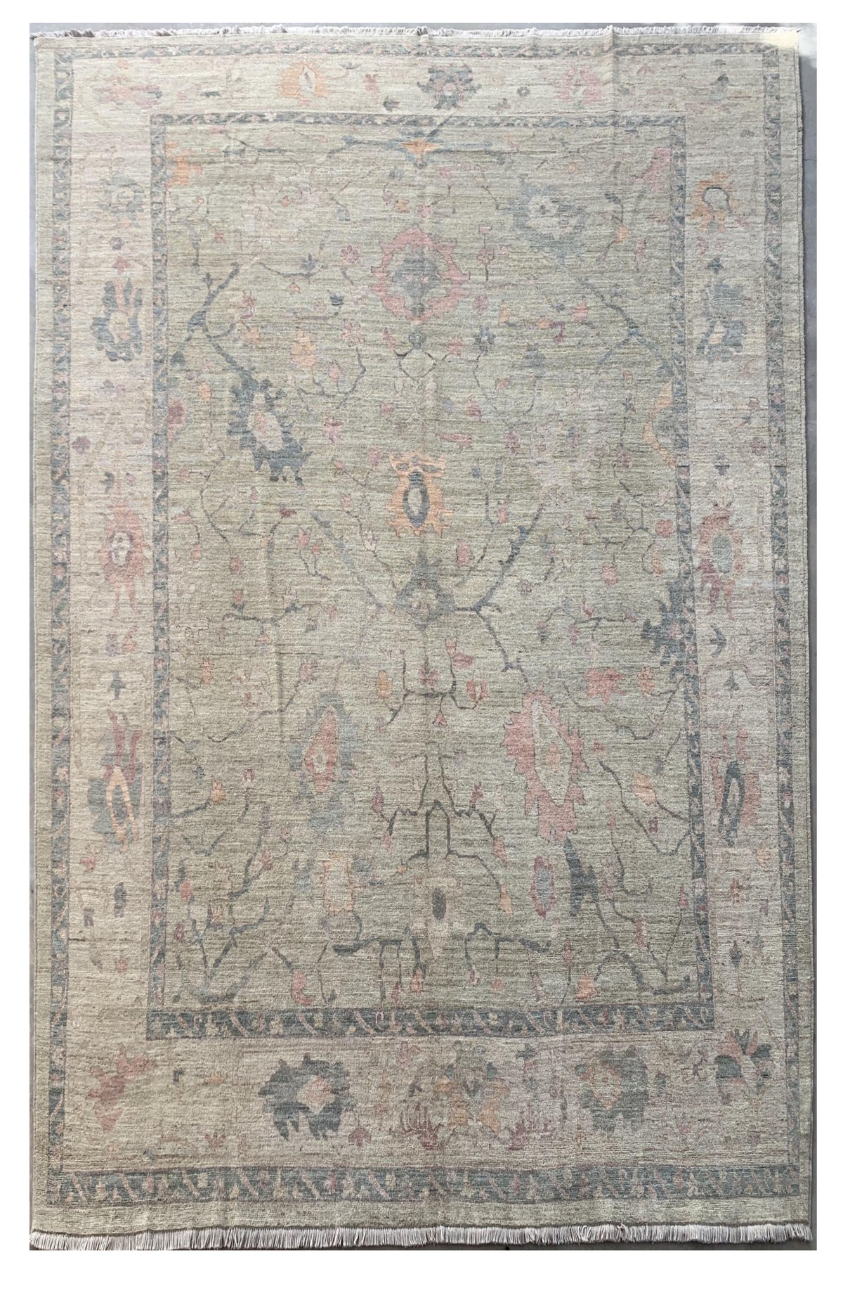 Grayish Cream Turkish Ushak Design Handmade Carpet | Turkmen Weave Carpet 9 X 6 (ft) 1