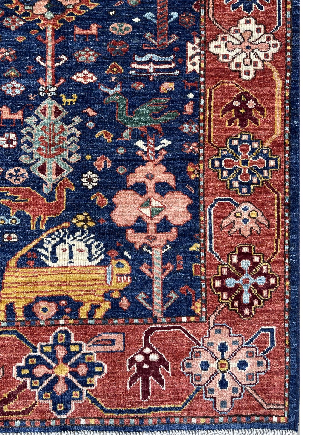 Bluish Red Animal Pictorial Afghan Handmade Carpet | Turkmen Weave Area Carpet 4.70 X 3.40 (ft) 4